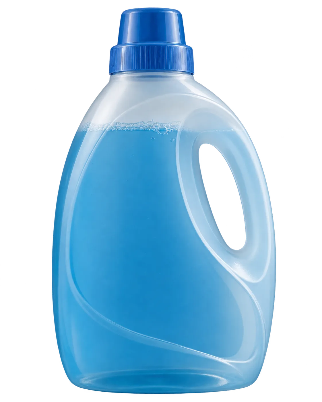 Een grote doorzichtige kan met blauw vloeibaar wasmiddel, blauwe schroefdop en zijhandgreep