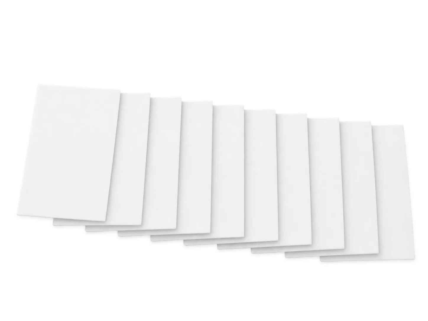 Ten white Briters laundry sheets fanned out in a row