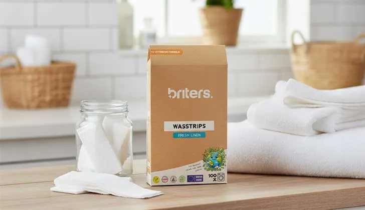 Briters Fresh Linen wasstrips verpakking op een badkamertafel, met losse wasstrips in een glazen pot en gevouwen witte handdoeken