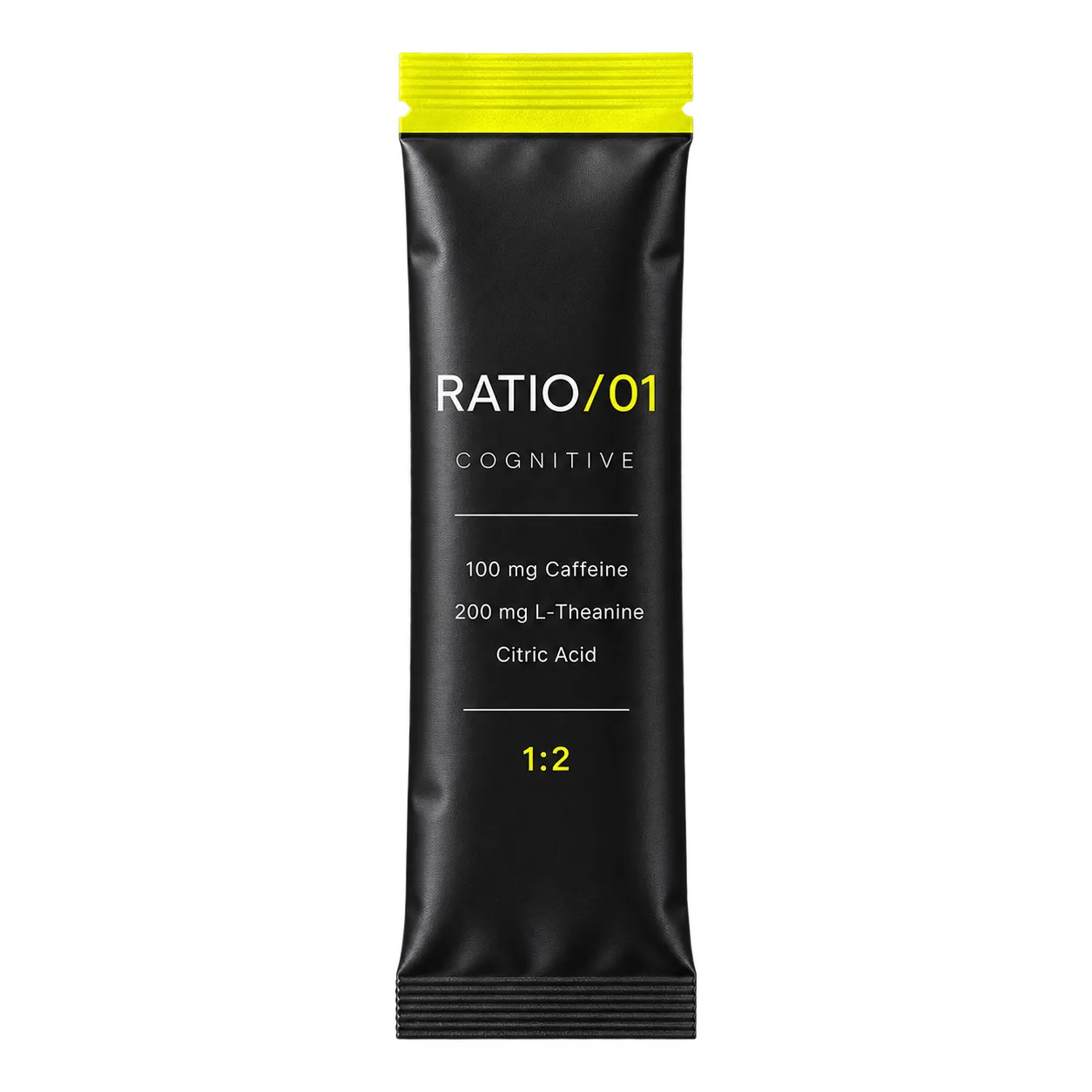 Face of one RATIO/01 sachet: 100 mg caffeine, 200 mg L-theanine, citric acid, ratio 1:2, yellow seal