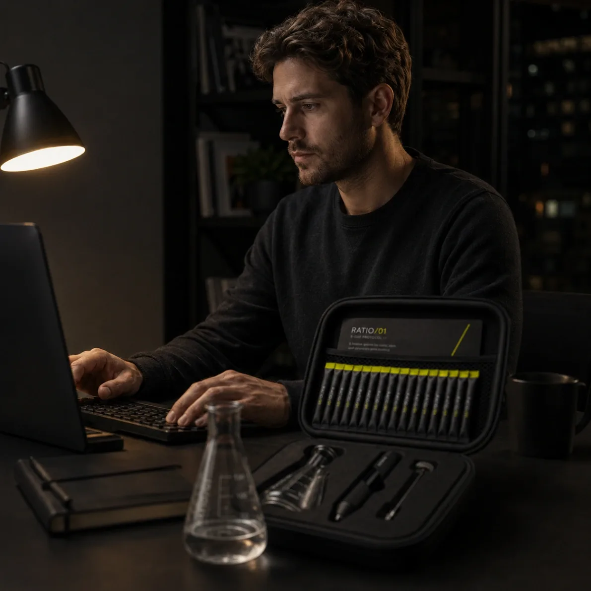 A builder working at a laptop in a late office under one desk lamp, the open RATIO/01 case with sachets, glass and mixer standing on the desk beside him
