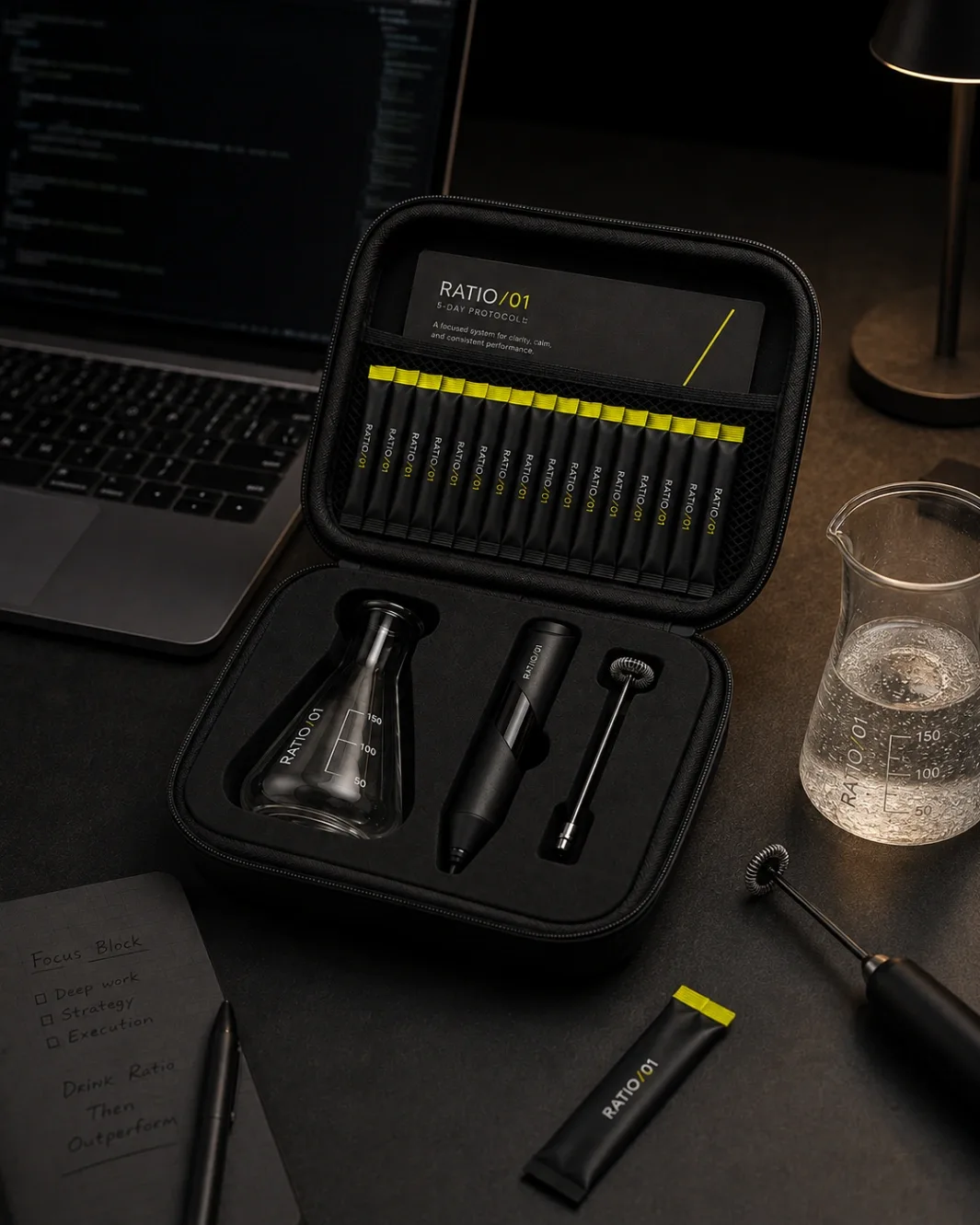 The open RATIO/01 case on a workstation beside a laptop: sachets in the lid, lab glass and mixer in cut foam, a filled glass and a notebook on the desk