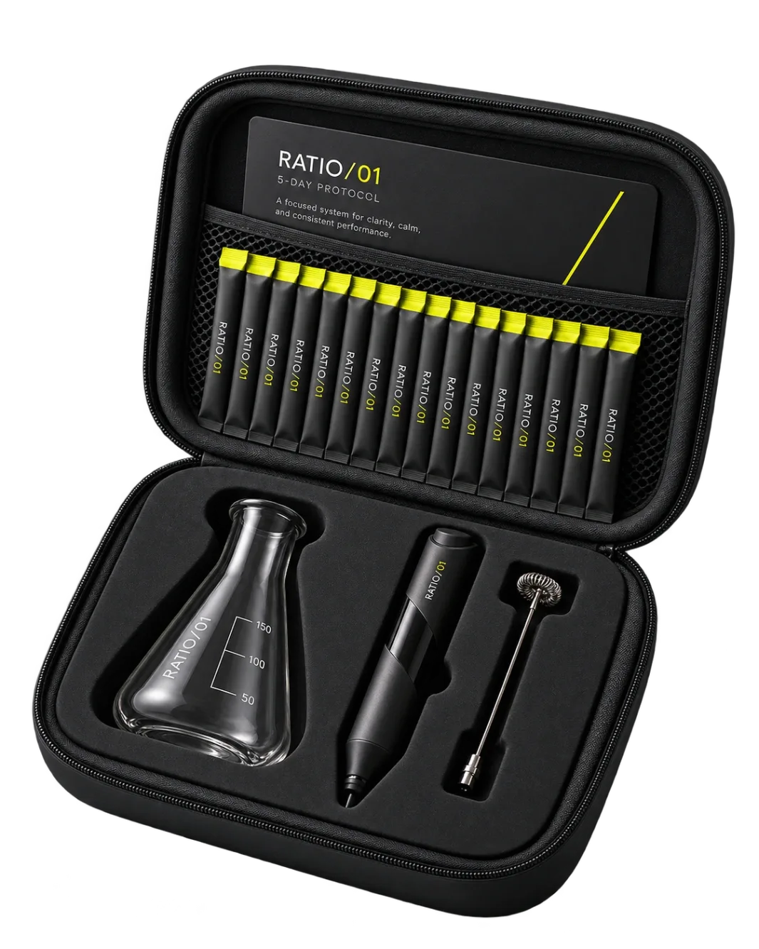 Open black RATIO/01 hard shell case: a row of yellow tabbed sachets, the 5-Day Protocol card, the lab glass and the mixer in cut foam