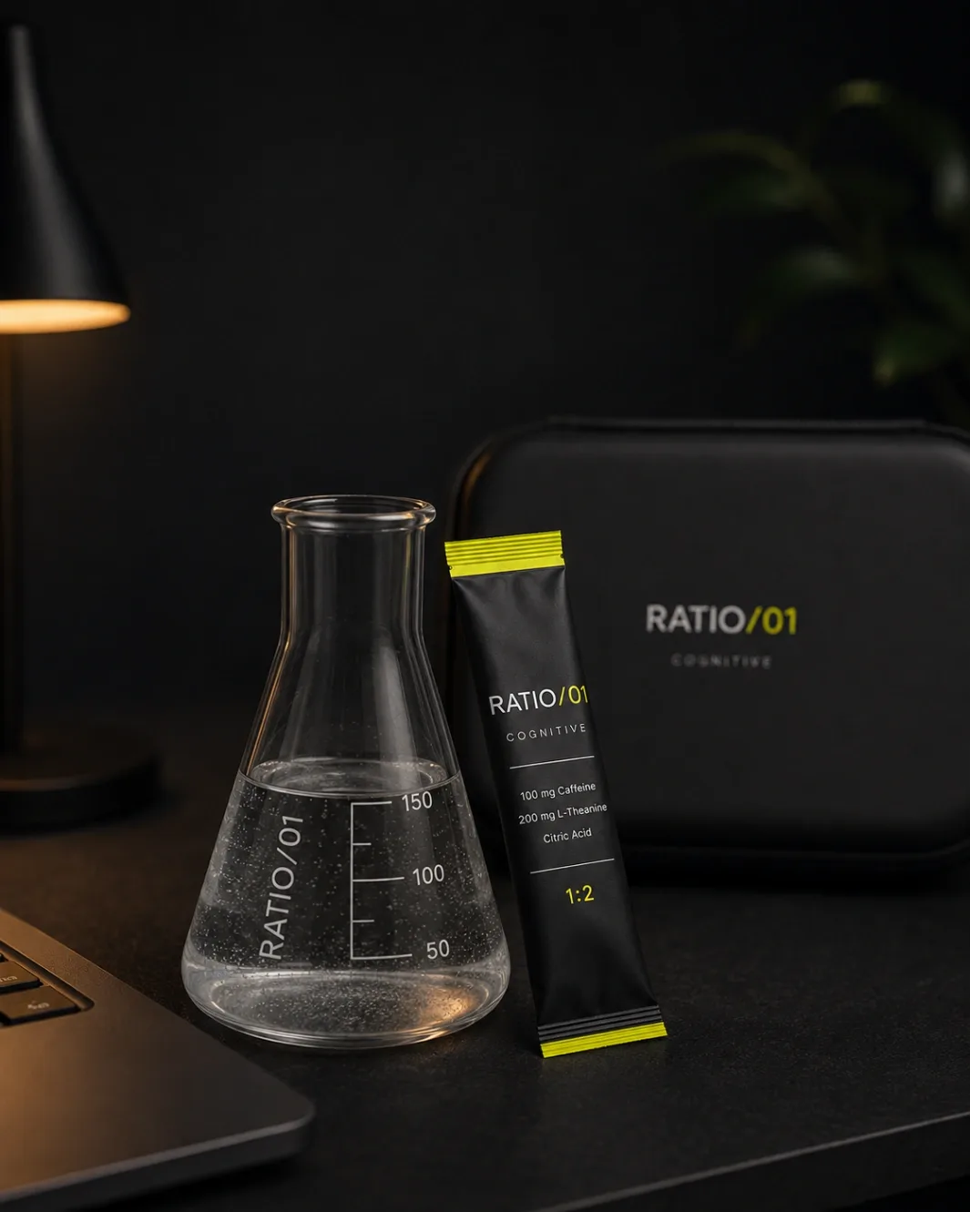 Mobile hero crop: the filled lab glass and one RATIO/01 sachet showing 100 mg caffeine, 200 mg L-theanine and 1:2, closed black case behind