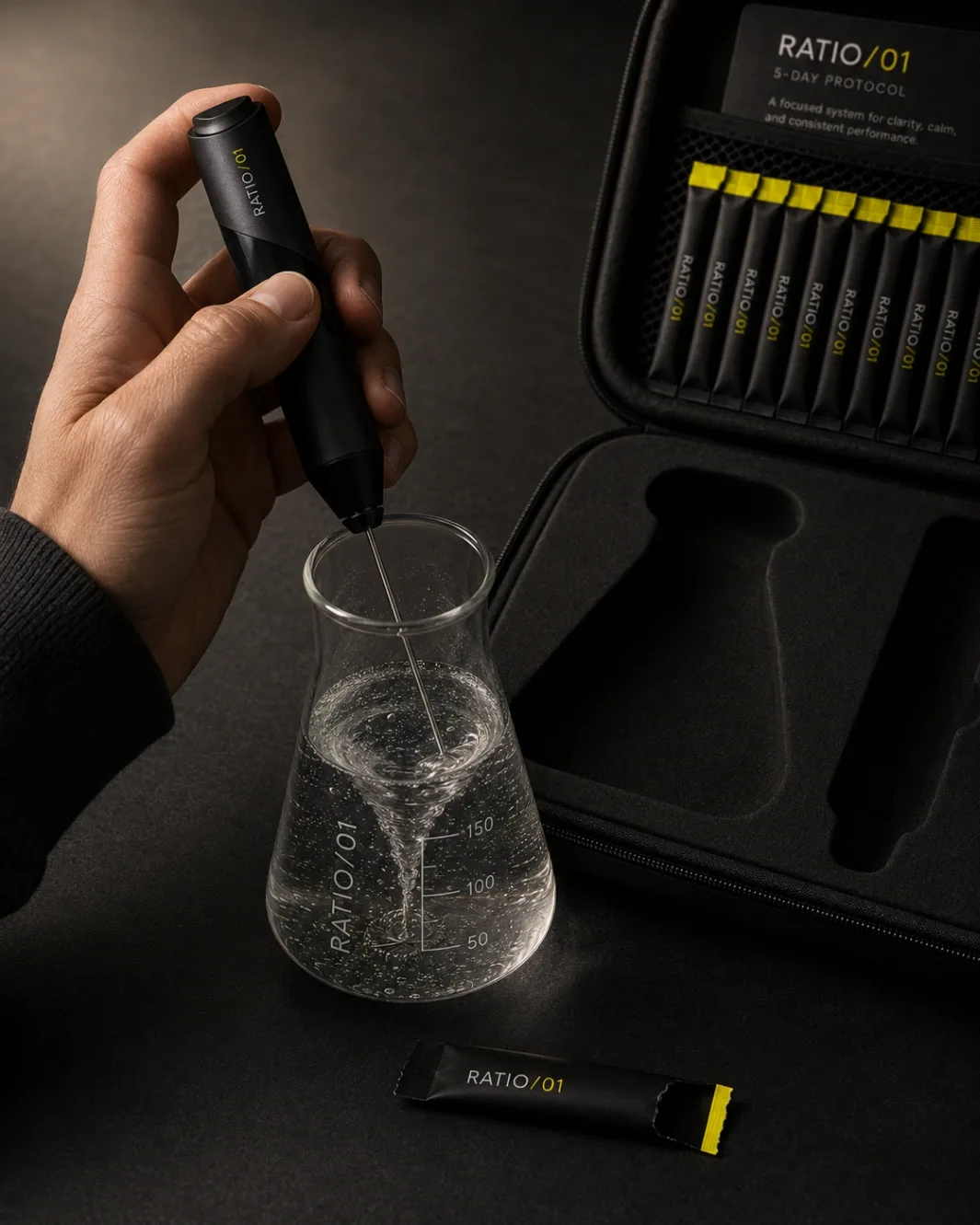 A hand holding the assembled RATIO/01 mixer in the lab glass, vortex in the clear liquid, torn sachet on the desk and the open kit behind