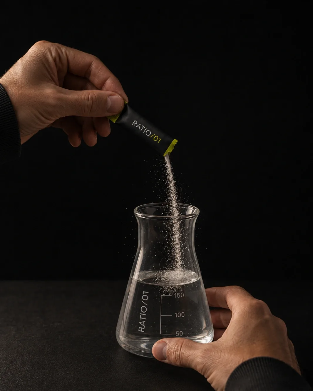Two hands pouring a torn RATIO/01 sachet into the marked lab glass of water against a black background, powder falling in a thin stream