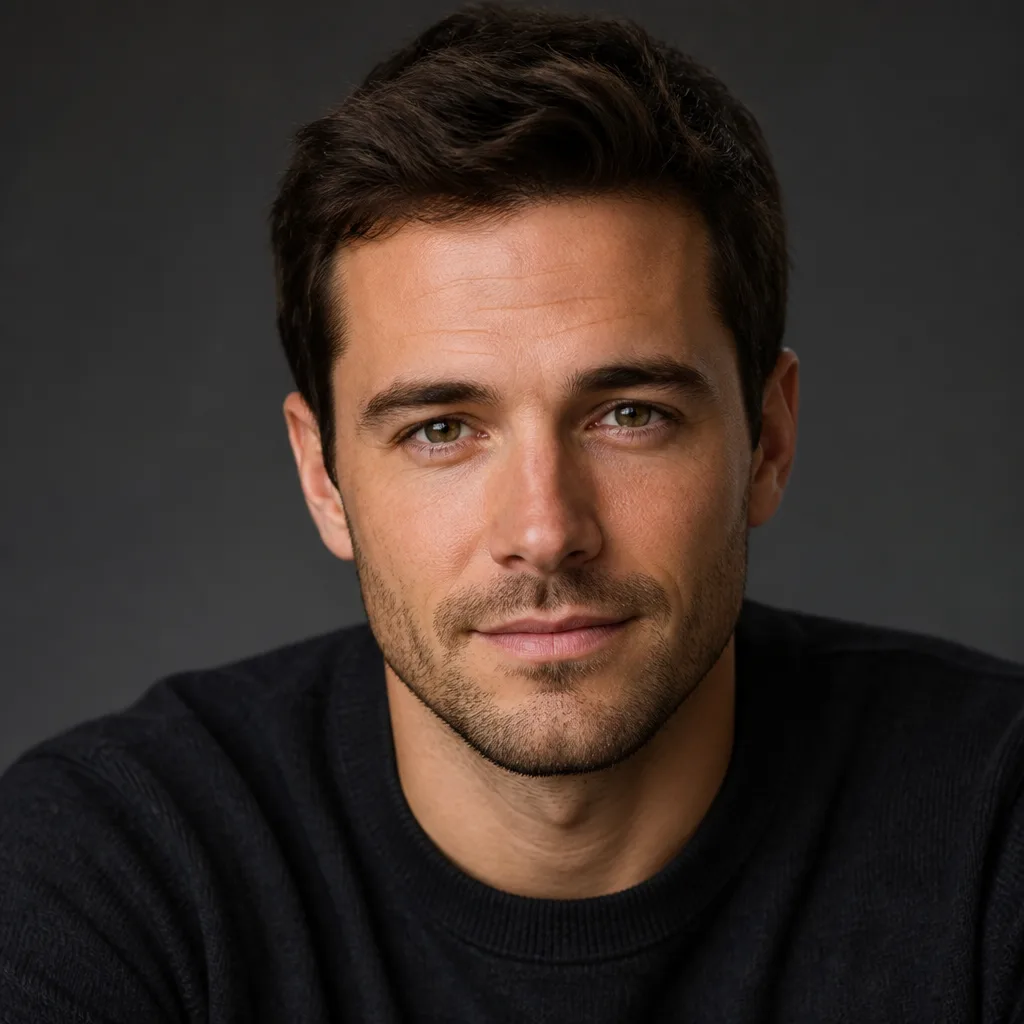 Portrait of Adam, a builder in a dark sweater against a grey studio wall