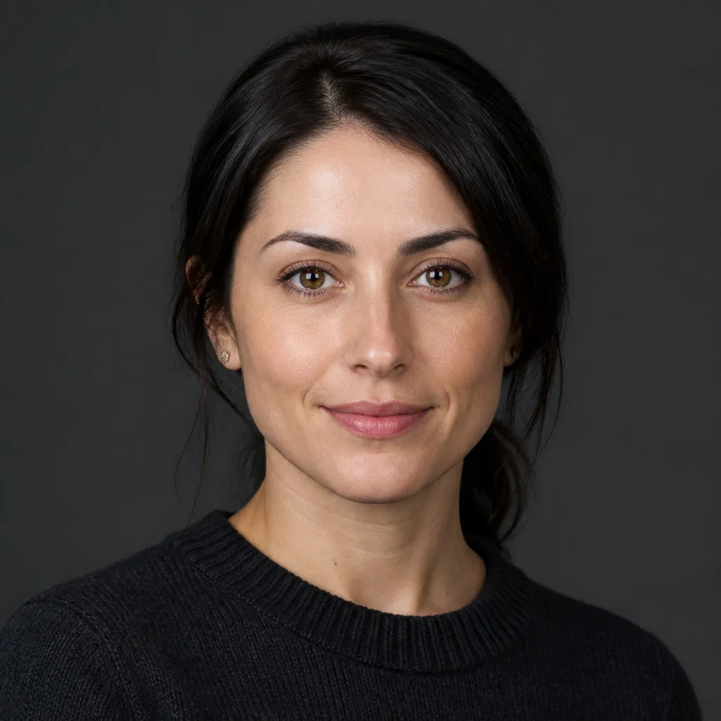 Portrait of Leah, founder of a two-person team, in a dark knit against a grey studio wall