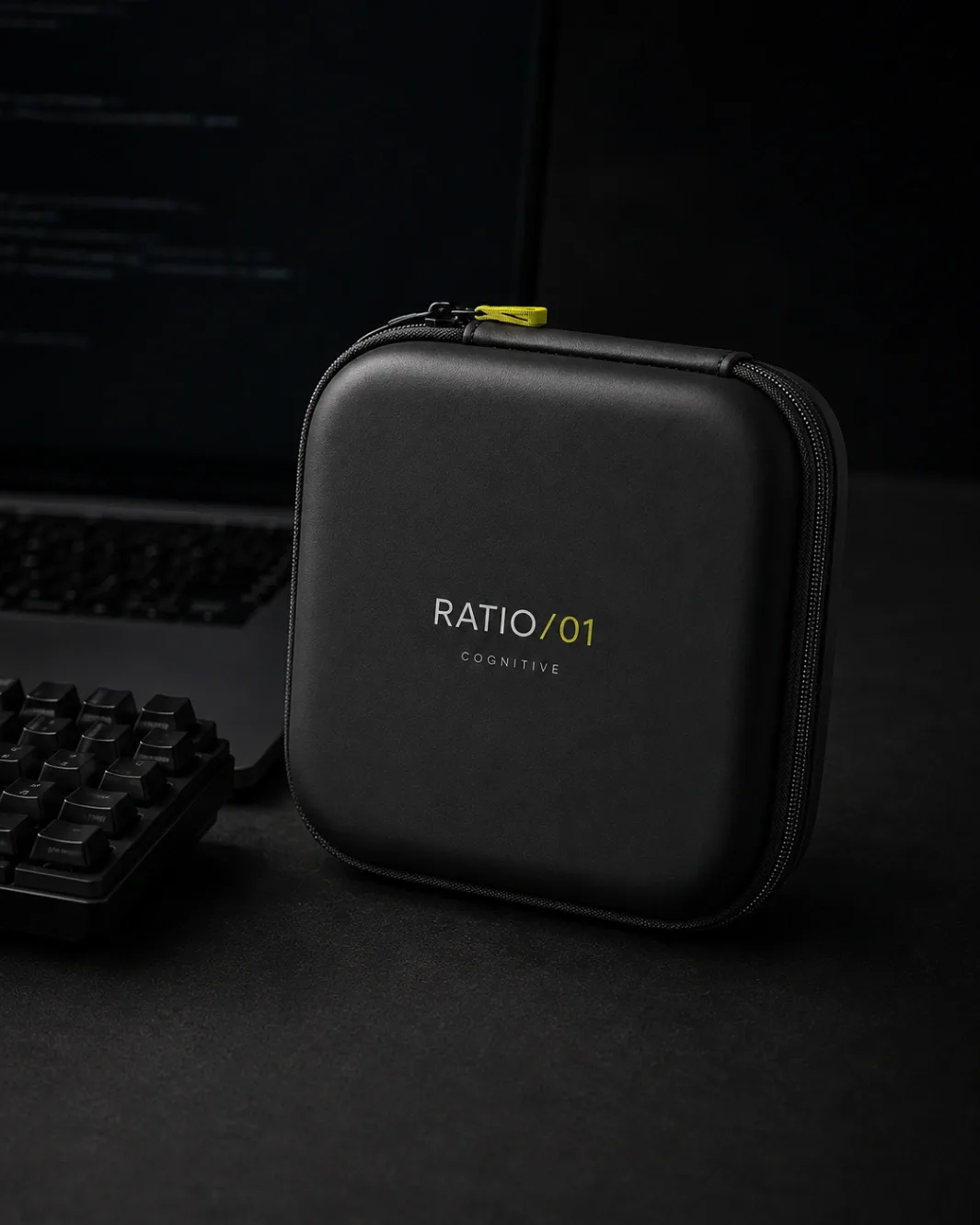Closed matte black RATIO/01 case with the wordmark and yellow zip pull, standing beside a keyboard and a laptop on a clear dark desk
