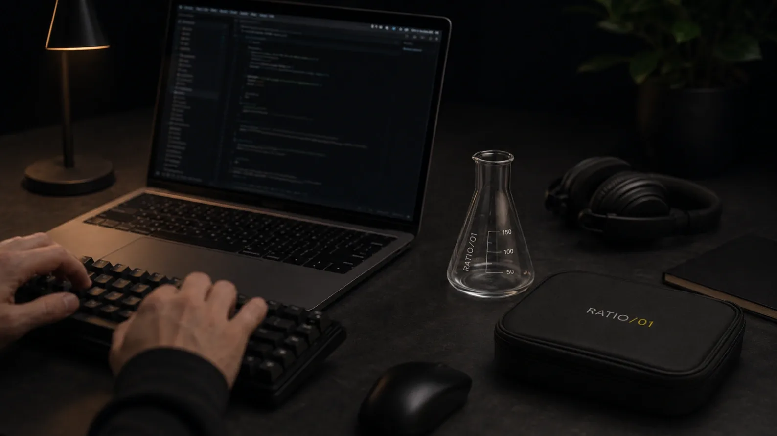 Step five: hands typing on a mechanical keyboard, code open on the laptop, the empty RATIO/01 glass, headphones and the closed black case on the desk