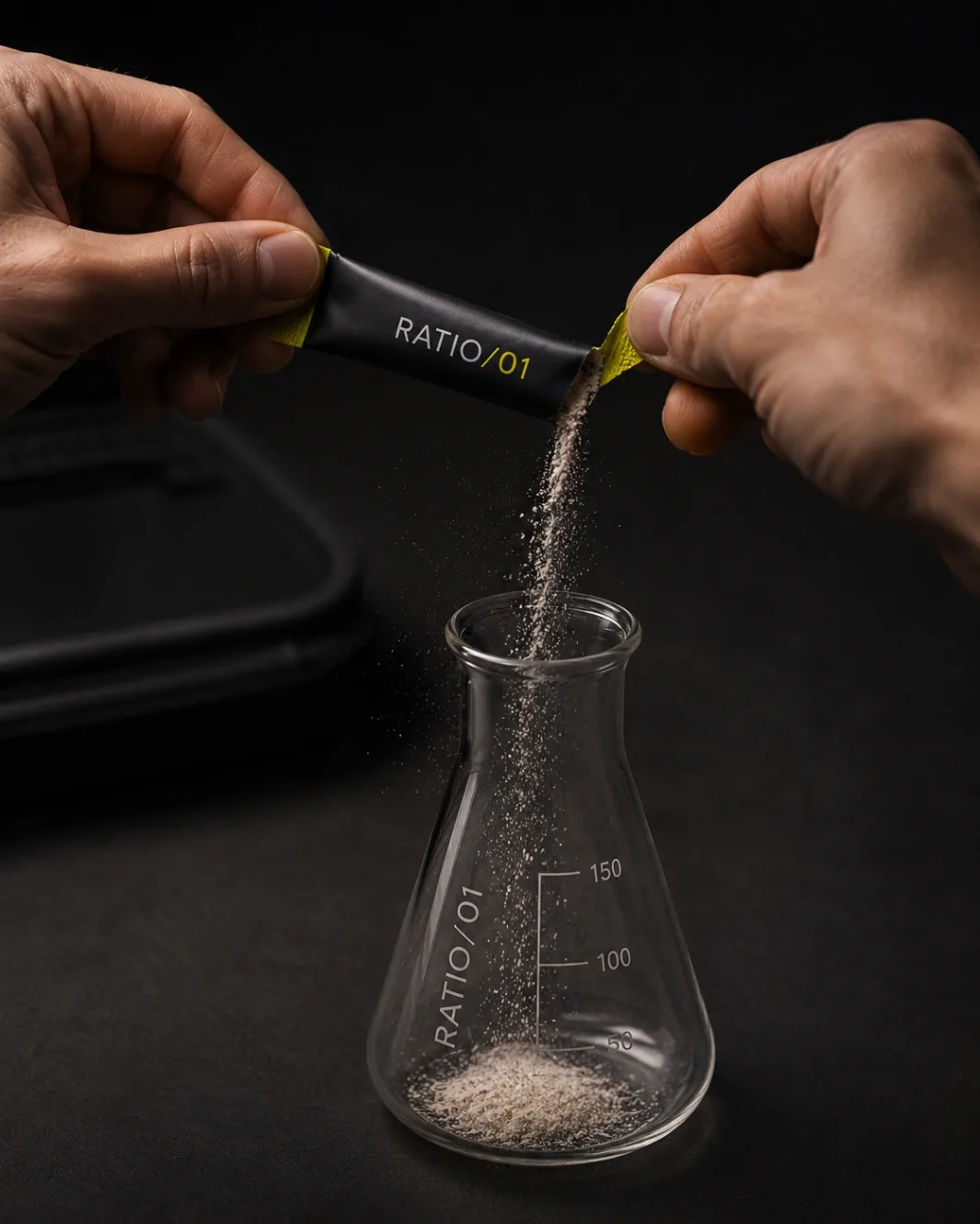 Step two: hands tearing one sachet, powder falling into the lab glass