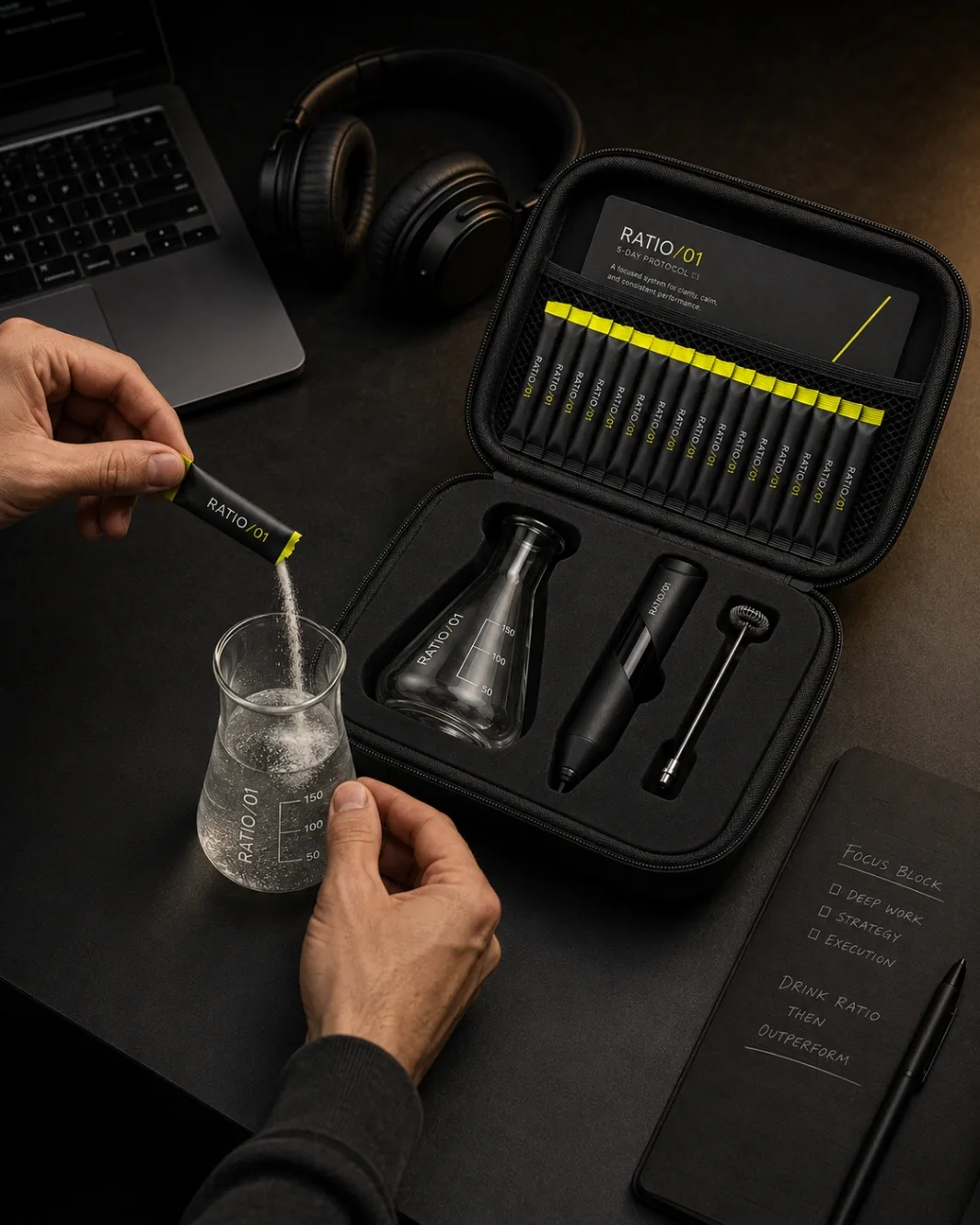 Hands tearing a RATIO/01 sachet into the marked lab glass on a dark desk, open black kit with sachets, glass and mixer beside a laptop, headphones and a notebook
