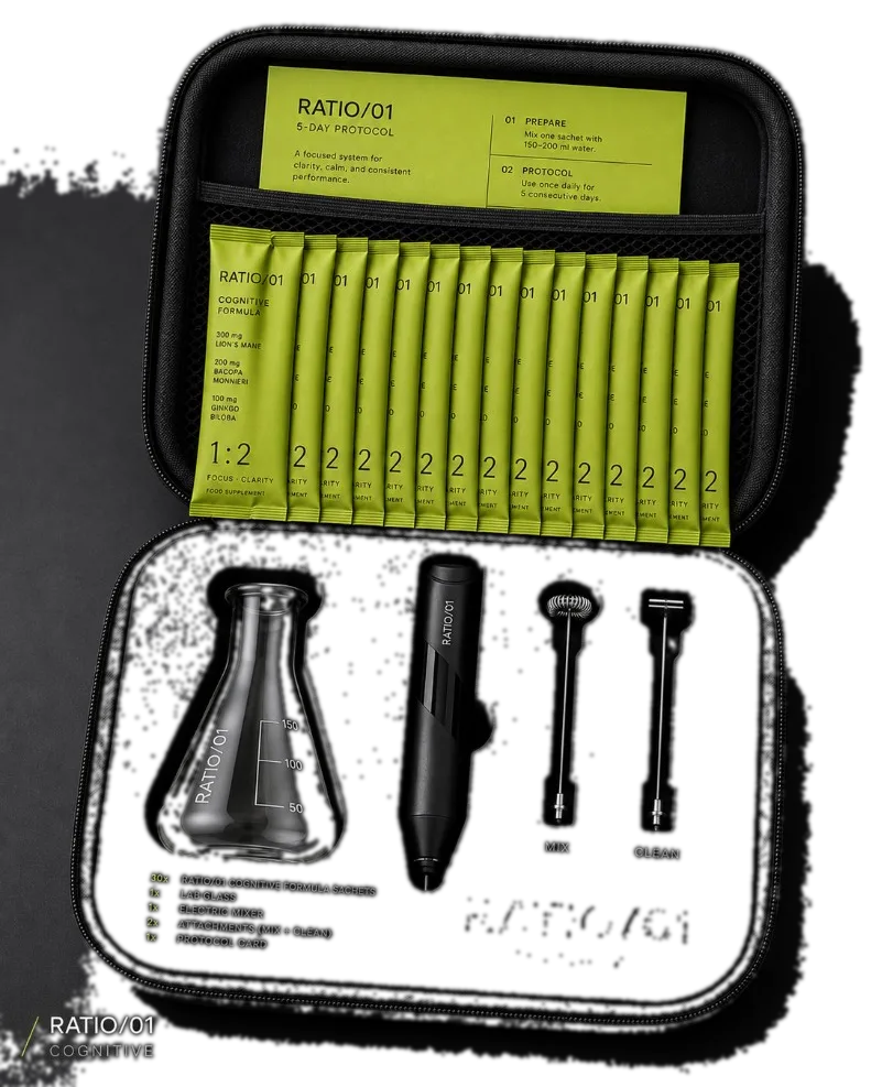 RATIO/01 Protocol Kit open: a row of yellow sachets, the 5-Day Protocol card, lab glass, electric mixer and the MIX and CLEAN attachments in a hard-shell case